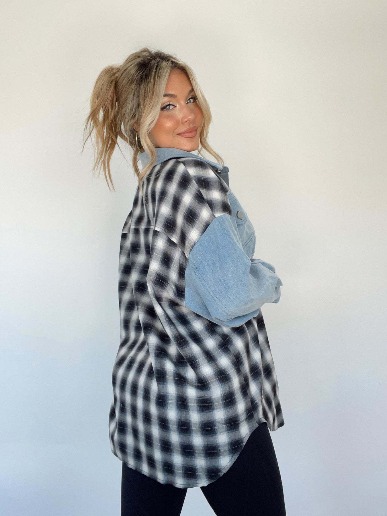Loose Women's Denim Stitching Plaid Coat Top