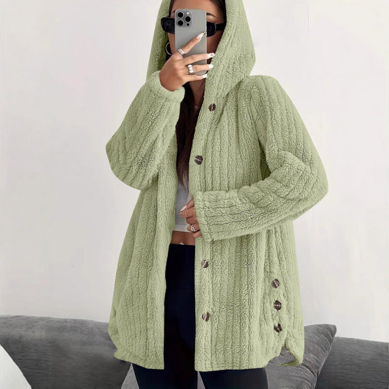 Women's Solid Color Long Sleeve Hooded Loose Plush Coat