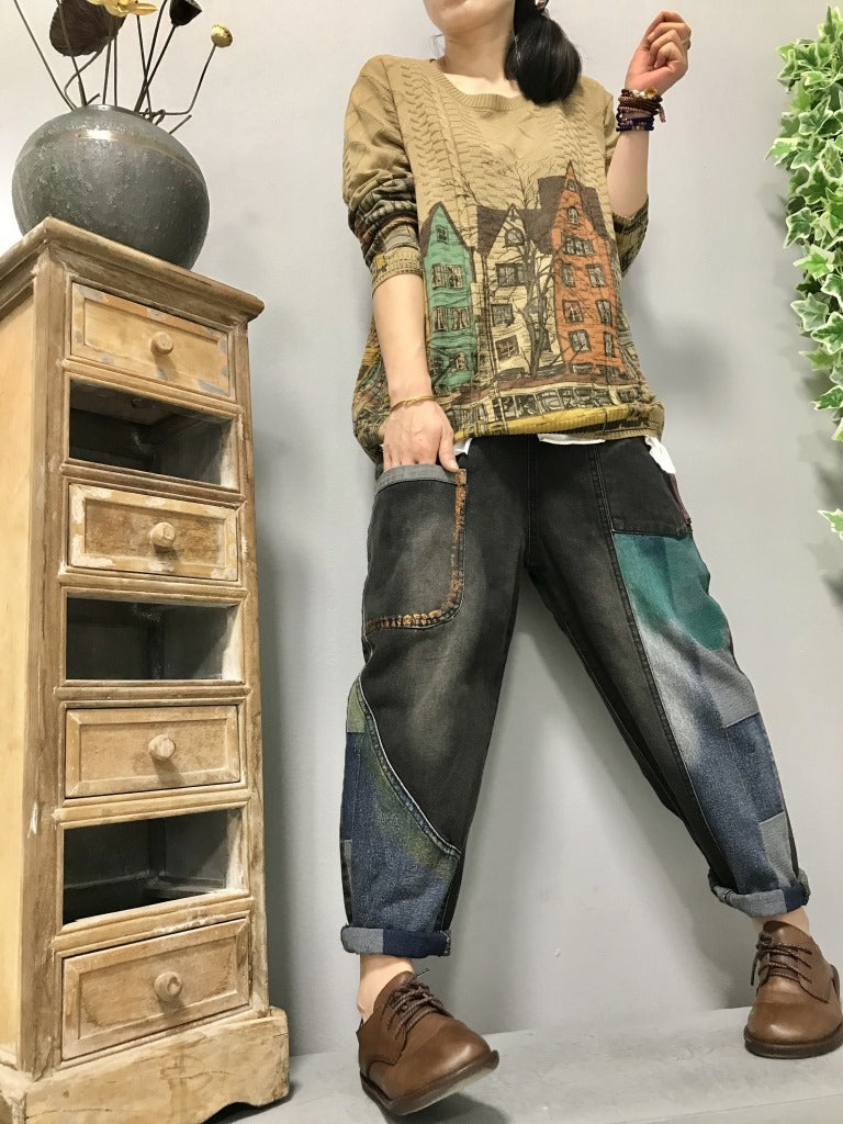 Retro Literary Ethnic Style Painted Ladies Jeans