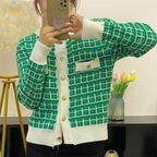 Round Neck Plaid Knitwear Cardigan Gentle Women's Coat