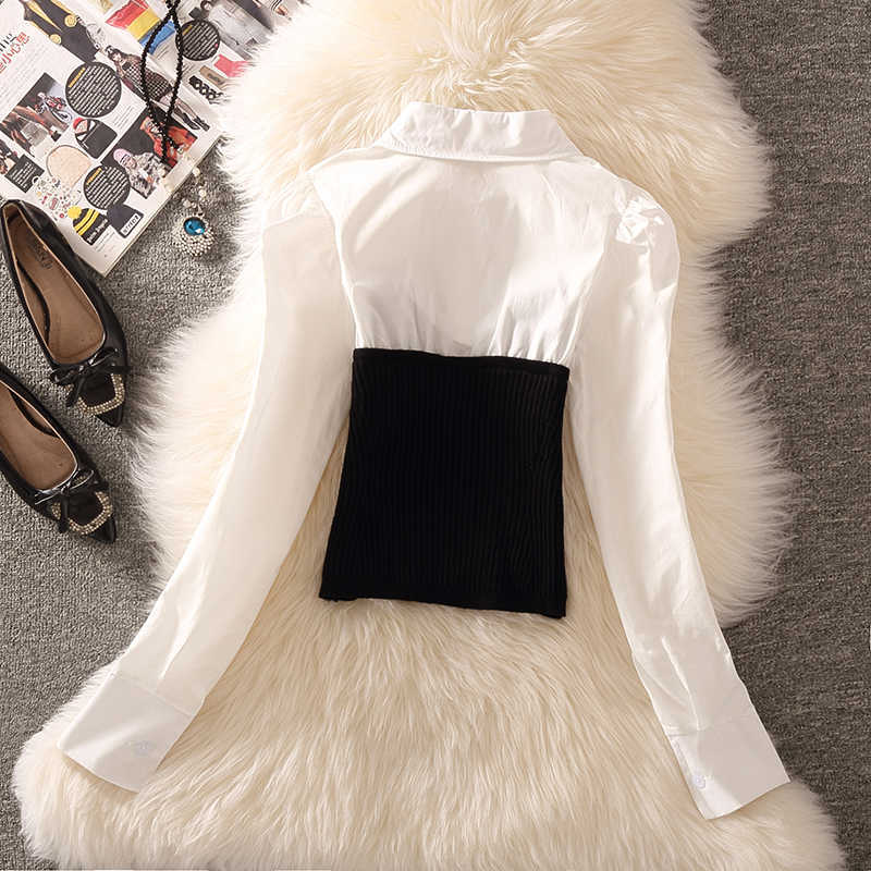 Women's Black And White Contrast Color Knitted Stitching Fake Two Pieces Shirts