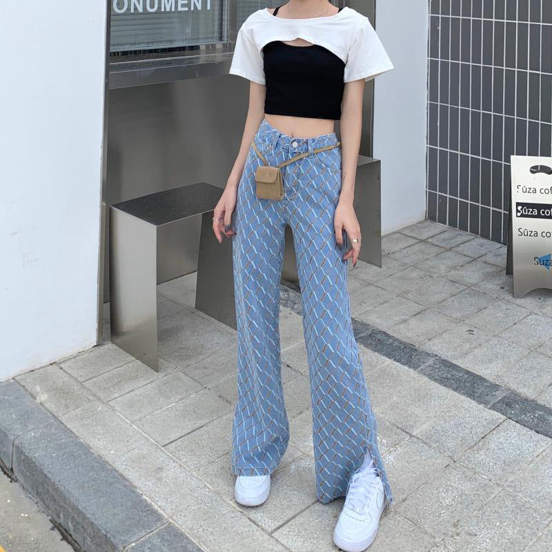 Retro Hong Kong Style High Waist Thin Wide Leg Pants Ladies Jeans
