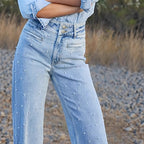 European And American High Waist Beaded Stretch Curling Jeans Wide Leg